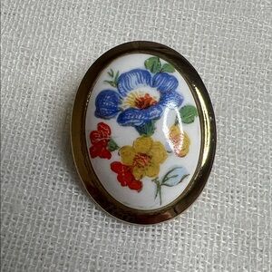 Floral Porcelain Oval Brooch with Gold Trim